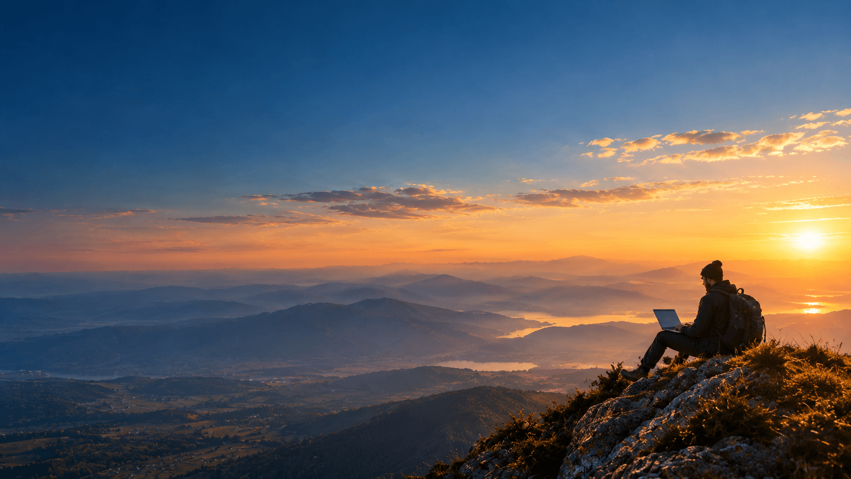 Person working from a mountain peak at sunrise